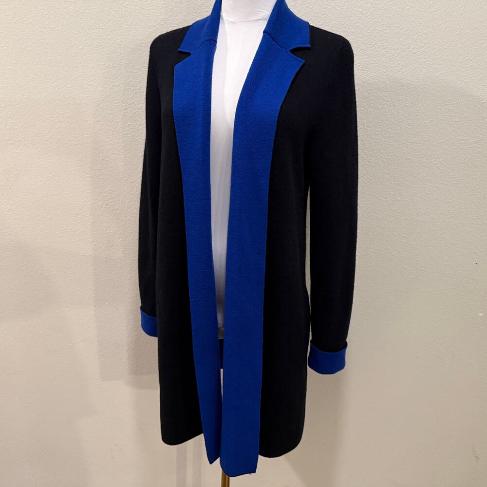 Talbots Pure Merino Wool Long Cardigan Small Black Blue Colorblock Office Career - Picture 3 of 8